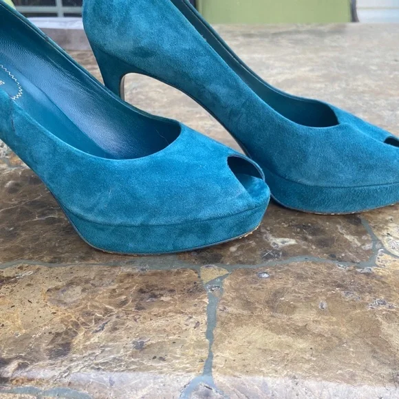 YSL Paris Teal Suede Peep Toe Platform Stilettos Sz 40 USA 9-9,5